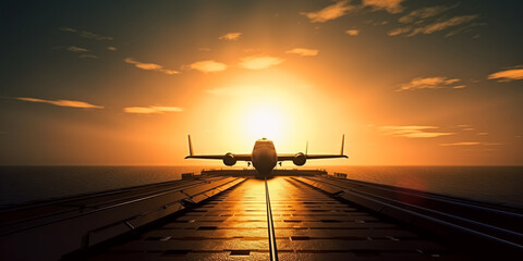 Fototapeta premium Military Aircraft Launches from Carrier Deck in Open Waters. Launch From the Nuclear Aircraft Carrier. digital ai art