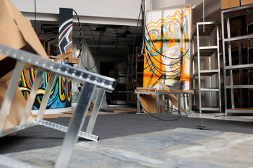 Messy urban ghetto with walls covered in graffiti and spray paint, demolished structure left behind pile of neglected debris. Empty abandoned building filled with rusty garbade, damaged ruin.