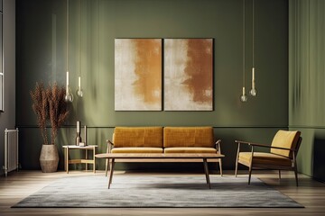 Modern interior design for home, office, interior details, upholstered furniture against the background of an olive classic wall. Pleasant light. Generative AI