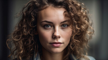 beautifull woman model with curly hair looking in the camera in front of a dark background. Generative ai  