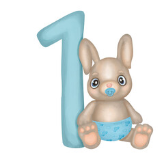 Baby bunny boy and number one watercolor illustration. Hand drawn aquarelle illustration of a blue baby bunny in a nappy with dummy and number one. Design for birthday greeting cards, invitations.