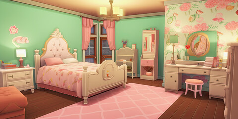 ai generative illustration, cute pink colored children room
