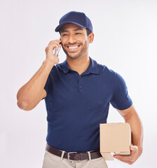 Phone call, delivery man and courier happy to deliver package as ecommerce talking on a mobile...