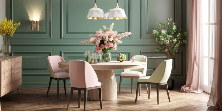 4K resolution or higher, Beautiful spring Elegant dining room interior composition. Generative AI Technology