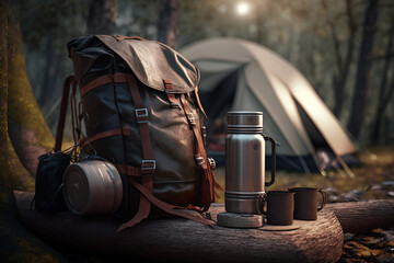Backpack and camping supplies in front of a tent in the woods generative ai