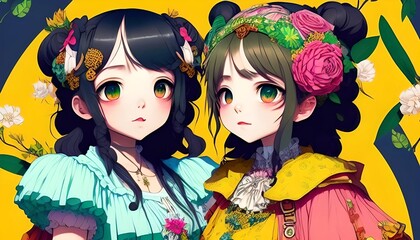 Cute anime girls fantasy giapponese character illustration, generative ai.