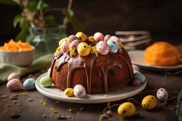 Lemon cake for Easter decorated with Easter eggs. Easter gugelhupf cake with chocolate bunnies and marzipan carrots. Generative AI
