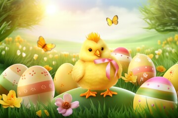 Kind chick with pink ribbon with easter eggs on spring background. Generative AI