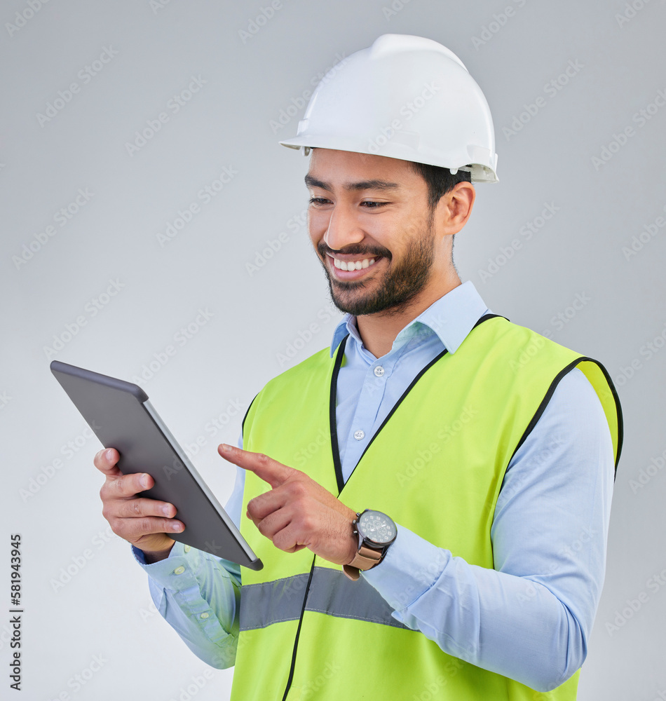 Poster construction worker, engineer and happy man in studio with tablet and helmet safety on white backgro