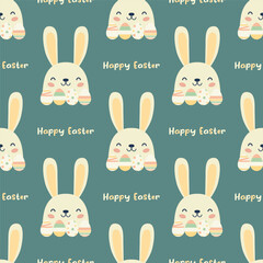Happy Easter. Vector Seamless Pattern with Easter Cute Funny Cartoon Rabbit. Easter Holiday Design with Flat Hare, Bunny. Vector Illustration