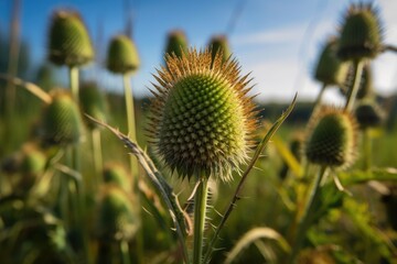 Obraz premium Wild teasel (dipsacus fullonum) in close up on a late summer field. natural macro photography. Generative AI