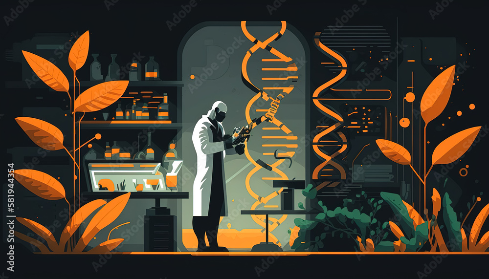 Wall mural genetic scientist working on a dna stain with moody lightning. generative ai.