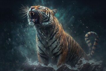 Fototapeta na wymiar Heavenly Halcyon Tones: An Epic Tiger's Roar Generative AI