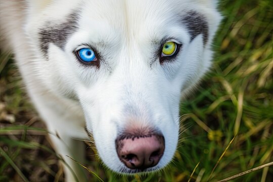 unusual heterochromia of the eyes. There are Husky in various eyes. a peculiar dog. a picture of a young Husky. Generative AI
