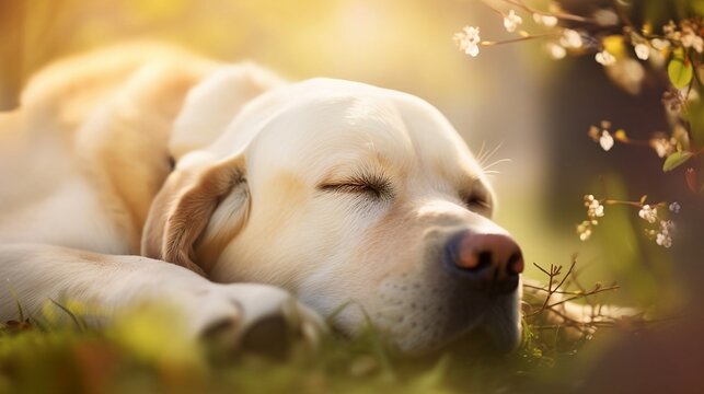 white labrador retriever dog sleeping on the grass