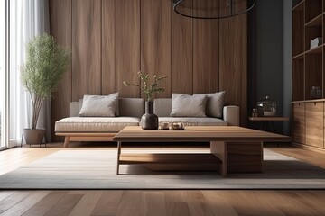 Modern interior of Living room with coffee table and sofa background. Generative AI