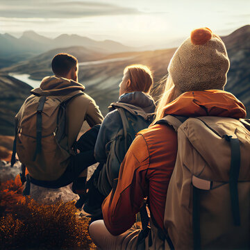 two people with backpacks looking out at the mountains in the distance, one person is wearing a hat and the other is holding