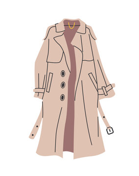 recommend clip art: Fashion women clothes. Colorful sticker with classic coat or trench coat. Stylish outerwear for autumn. Trendy Basic Female Garment. Cartoon flat vector illustration isolated on white background