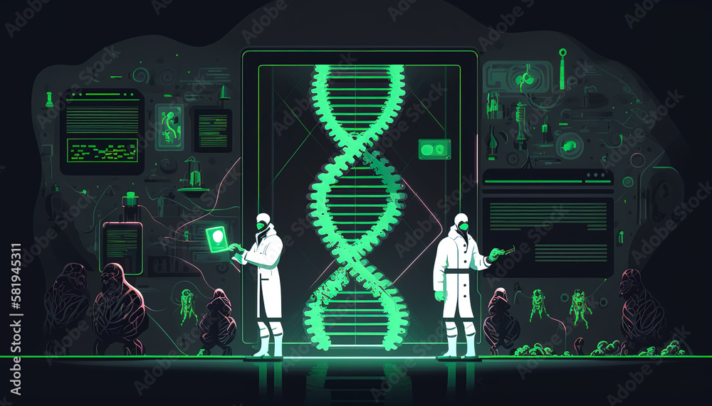 Wall mural Genetic scientists in the lab. Genome and DNA code science research. Generative AI.