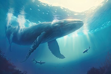 Whale swimming in the sea as a digital illustration (Generative AI)