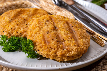 Source of fibre plant based vegan wheat protein grilled burgers, meat free healthy food close up