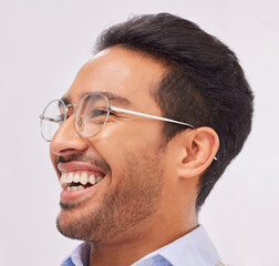 Face, glasses and vision of happy man with a smile and new frames, eyewear and spectacles isolated in a studio white background. Head, optometry and excited young male person for eyecare