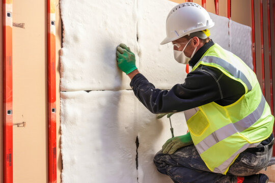 Construction worker installing an insulation panel for making the house wall energy efficient, generative ai