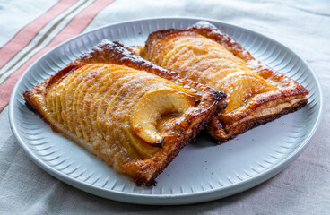 Tasty sweet French dessert, baked apple cake, Normandy region, France, close up
