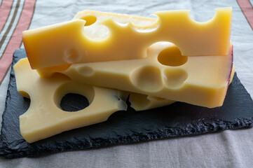 Swiss cheese collection, yellow emmentaler or emmental cheese with round holes