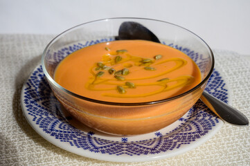 Famous vegetables cold soup from Cordoba, Andalusia salmorejo served cold in cafe for lunch as starter dish