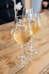 Tasting of cold brut Champagne sparkling wine in cellars of gran cru wine house in near Reims, wine tour in Champagne, France