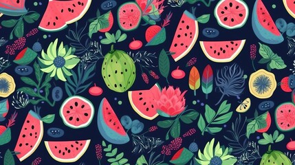 Fototapeta premium Watermelons with branches, leaves and flowers on dark blue background. Vibrant summer design. Tropical fruit. Generative AI.
