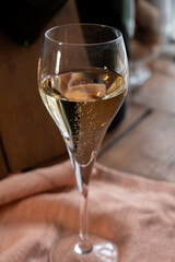 Glass of sparkling white wine champagne or cava with bubbles and classic wooden champagne pupitre rack with empty bottles on background