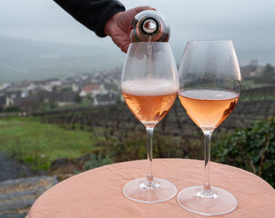 Tasting of premier cru sparkling rose wine with bubbles champagne outdoor with view on hilly pinot...