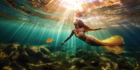 Beautiful black mermaid in the water. Randomly generated not based on a real person. generative AI © ReisMedia