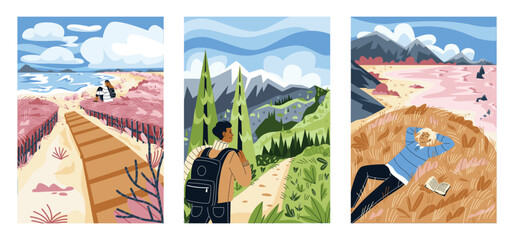 Man and woman relax outdoor at natural landscape. Girl at sea or ocean shore, young guy in fotrest and at hay. Enjoy scenic nature views. Cartoon flat vector illustrations isolated on white background