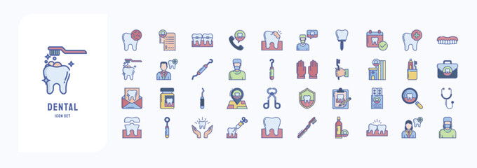 Dental treatment icon set, including icons like Bacteria, Bill, Braces, Call and more