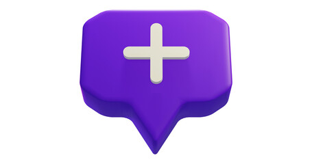 Png 3d render bubble chat with box shape, purple color, and plus mark