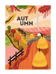 Autumn landscape concept. Trees and bushes with yellow and red leaves. Nature and flora in fall season. Rural panorama and village, agriculture. Cartoon flat vector illustration