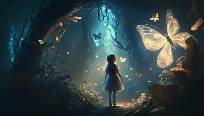 Girl in dress with shining butterfly walking in fantasy fairy tale elf forest - obrazy, fototapety, plakaty
