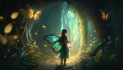 sweet forest angel. image of dreamy spirit with butterfly wings. attractive fairy - obrazy, fototapety, plakaty