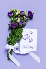 Card with text HAPPY MOTHER'S DAY and bouquet of beautiful eustoma flowers on color background
