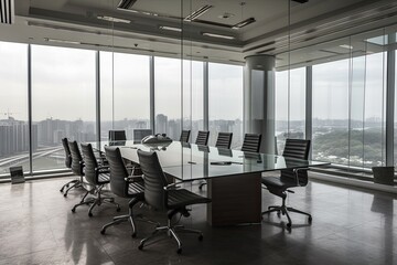 Modern office meeting room. With a view outdoors and advanced conferencing options. Generative AI