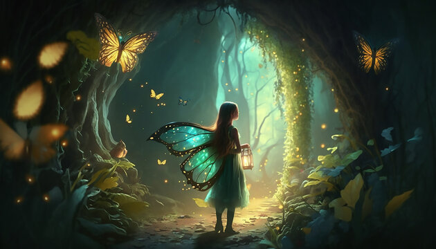 sweet forest angel. image of dreamy spirit with butterfly wings. attractive fairy
