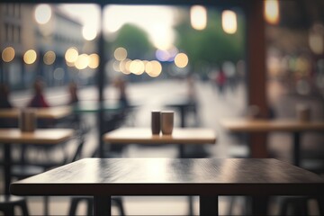 Empty Wooden Table in a Restaurant or Cafe with Blurred Background with People (Generative AI)