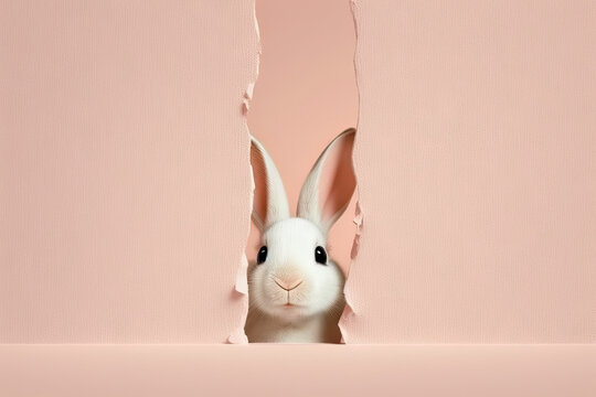 Bunny peeking out of a hole in pink wall background, fluffy cute eared bunny easter bunny banner, rabbit jump out torn hole, Generative AI