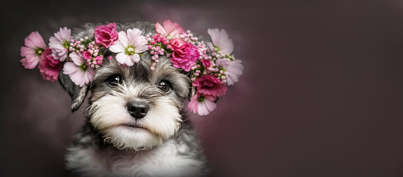 Cute fluffy puppy with a wreath of pink flowers on his head, portrait. Template for postcard, layout with copy space