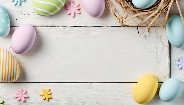Easter frame made of colored eggs lay on white wooden table. Top view, flatly, copy space for your text. Pink, blue, yellow eggs border for Easter card, minimal concept. AI generative 