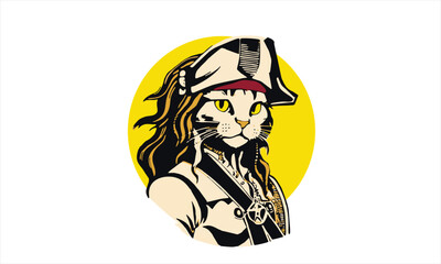 pirate cat dressed in pirate sea captain costume and hat vector illustration
