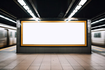 Mockup of a large white media screen in the subway. Generative ai.